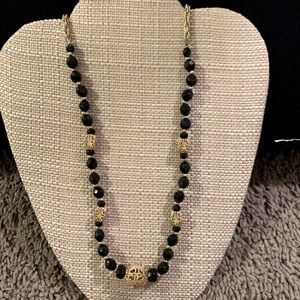 Vintage gold tone filigree with black faceted beads necklace